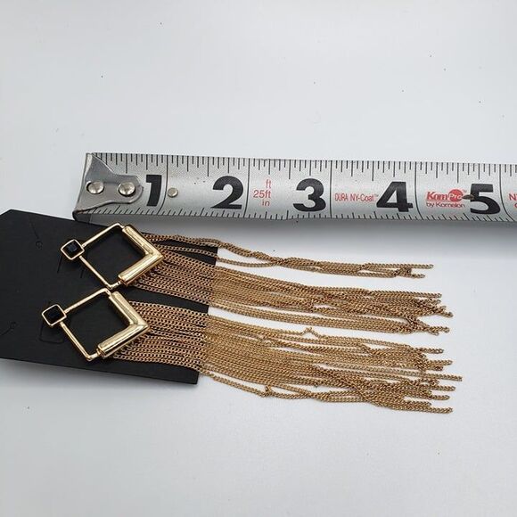 Gold Tone Black Diamond Shape Tassel Earrings Boho Statement Jewelry 4" Dangle - Picture 4 of 4